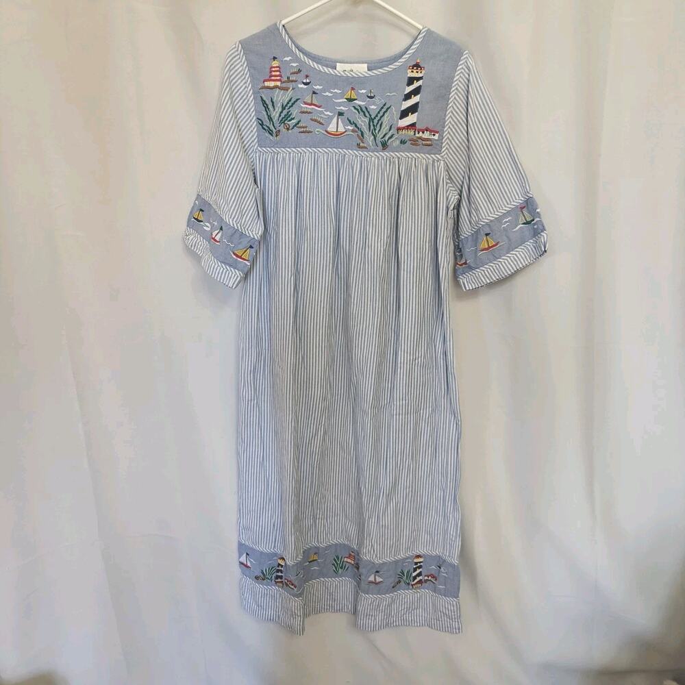 Quacker Factory Maxi Dress S White Stripe Embroidered Sailboat Ocean Lighthouse